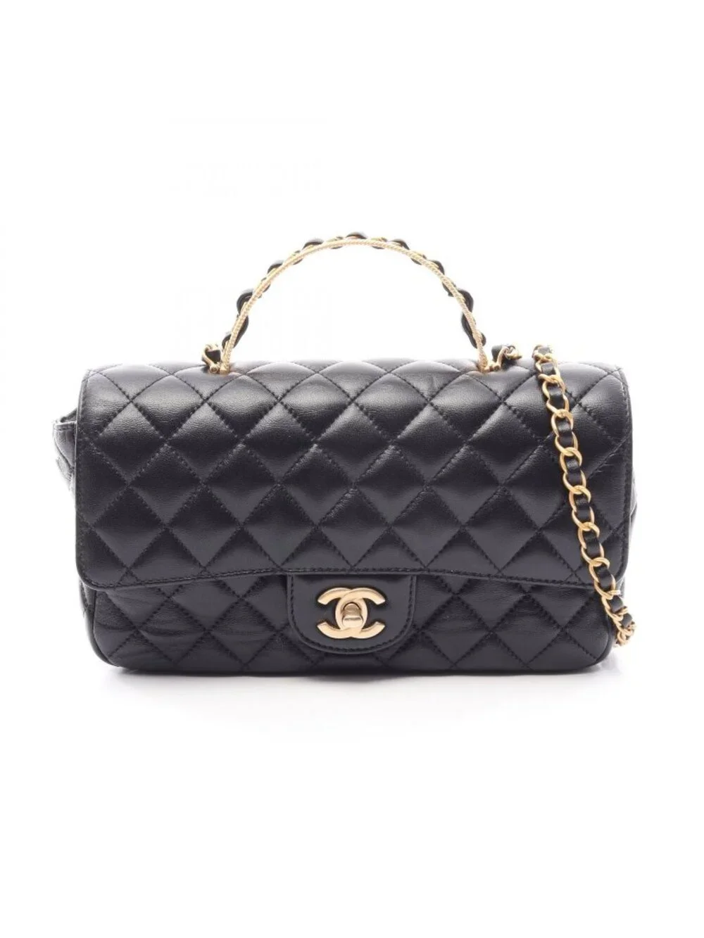 Chanel Shoulder Bag Quilted Top Handle 2-Way Black Lambskin Chain